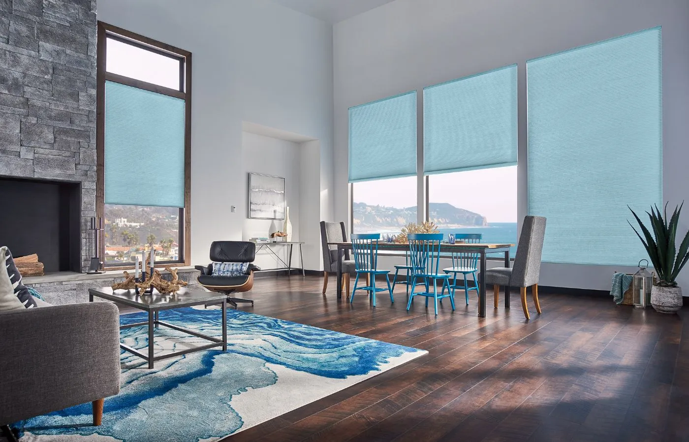 Motorized shades in a great room