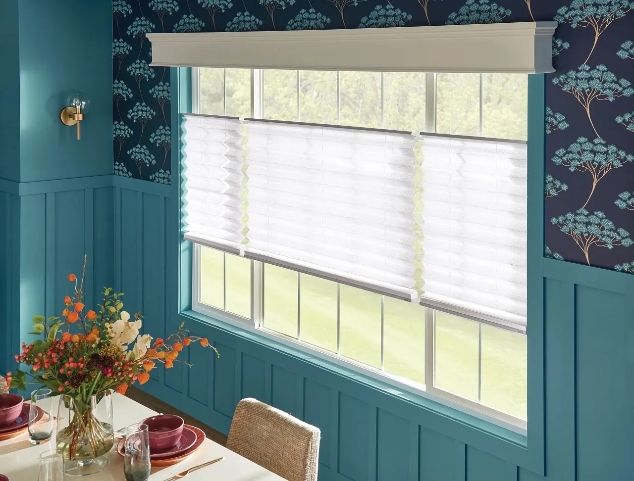 Pleated shades in a dining room