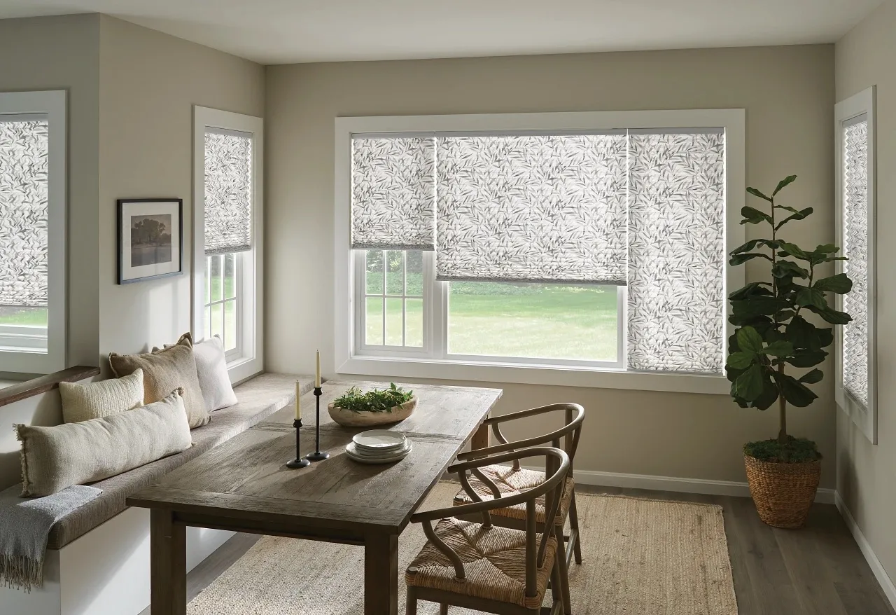 Pleated shades in a breakfast nook