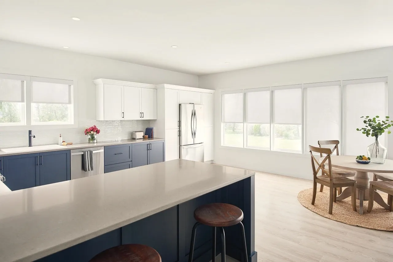 Roller shades in a kitchen